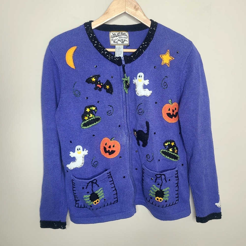 Vtg Heirloom Collectibles Halloween Zip Cardigan Sequins Pumpkin Black Cat S
